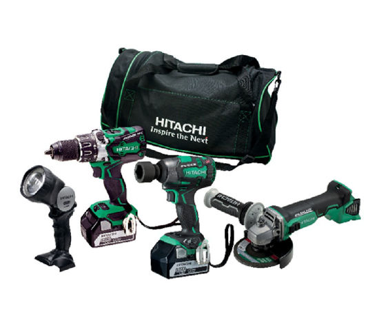 Billede af HITACHI AKKUSÆT BESTÅR AF :
BOREMASKINE DS 18DBL2
SLAGNØGLE WR 18DBDL
VINKELSLIBER G 18DBVL
LYGTE UB 18DEL
LADER
2 STK 18V  5,0 AH LI-ON BATTERIER