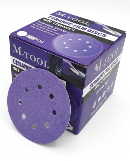 Billede af M-TOOL SLIBERONDEL 125 MM K80 FILMRONDEL MED KERAMISKE KORN OG VELCRO 100 STK. 8 HUL