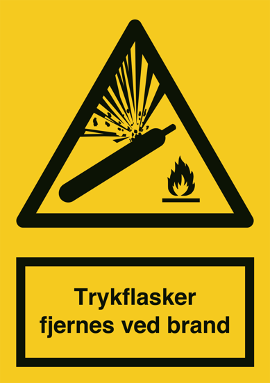 Billede af ADVARSELSKILT "TRYKFLASKER FJERNES VED BRAND"  A322 SELVKLÆB. 148X105 MM